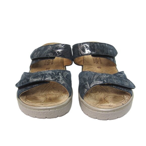 Mephisto Paula Size 40 9 9.5 Blue Silver Slip On Slide Sandals Wedge Heel - Picture 5 of 8